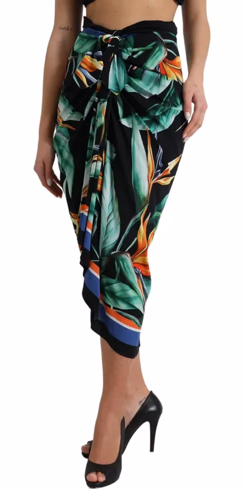 Black Strelitzia High Waist Wrap Midi Skirt