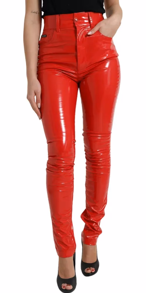 Shiny Red High Waist Skinny Pants