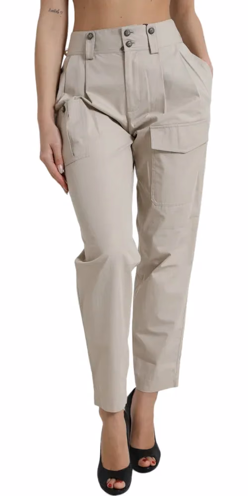 Beige Cotton High Waist Tapered Pants