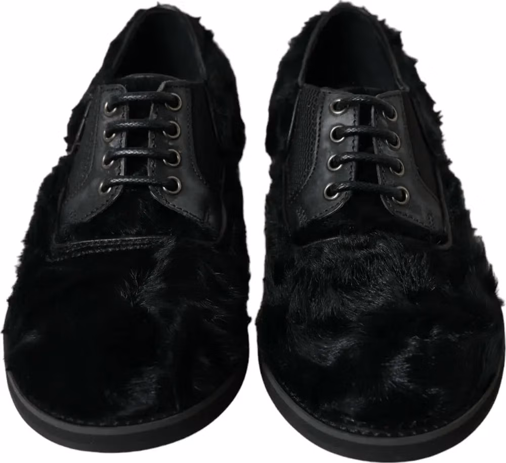 Black Fur Leather Lace Up Derby Dress Shoes