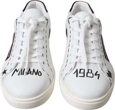White Bordeaux Leather Logo Low Top Sneakers Shoes