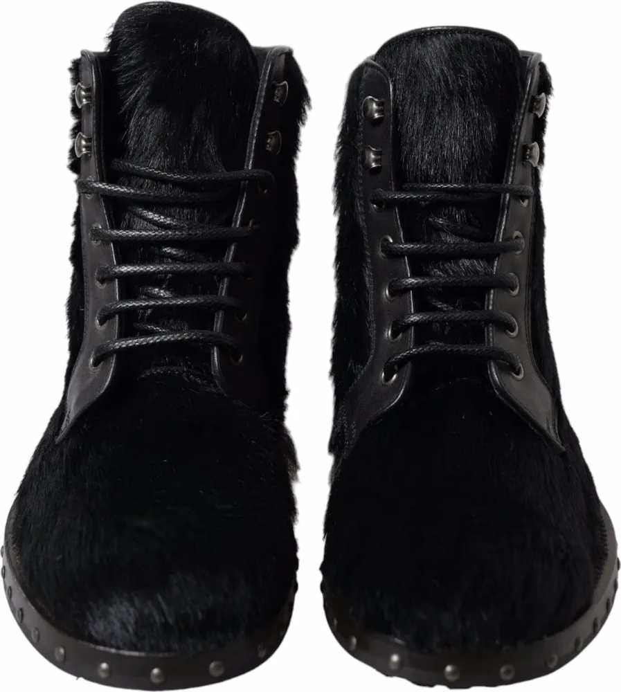 Black Pony Style Leather Mid Calf Boots Shoes