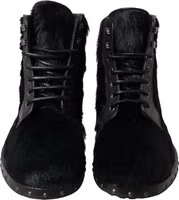 Black Pony Style Leather Mid Calf Boots Shoes 1