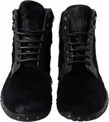 Black Pony Style Leather Mid Calf Boots Shoes