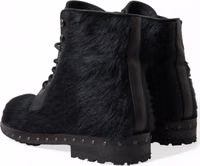 Black Pony Style Leather Mid Calf Boots Shoes 3
