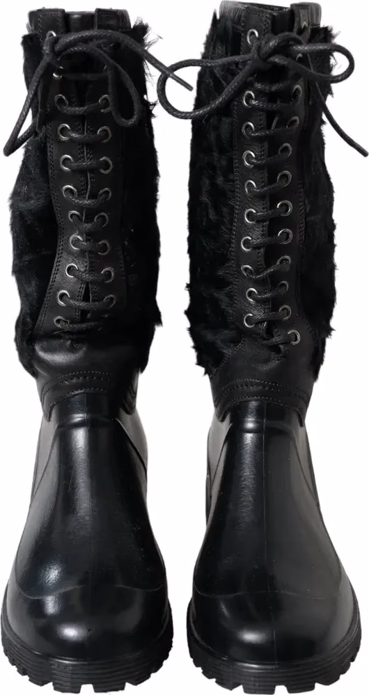 Black Rubber Lace Up Shearling Rain Boots Shoes