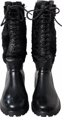Black Rubber Lace Up Shearling Rain Boots Shoes