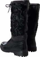 Black Rubber Lace Up Shearling Rain Boots Shoes 3