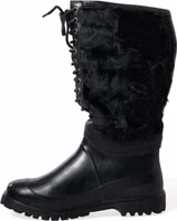 Black Rubber Lace Up Shearling Rain Boots Shoes 4