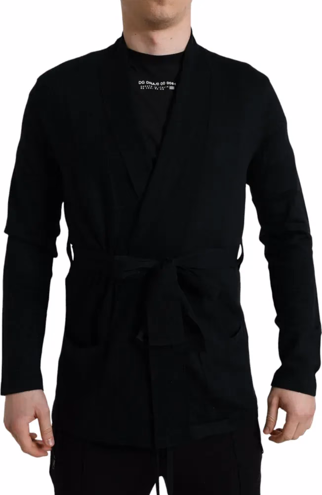 Black Cashmere Long Sleeves Belted Wrap Robe