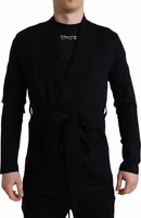 Black Cashmere Long Sleeves Belted Wrap Robe 1