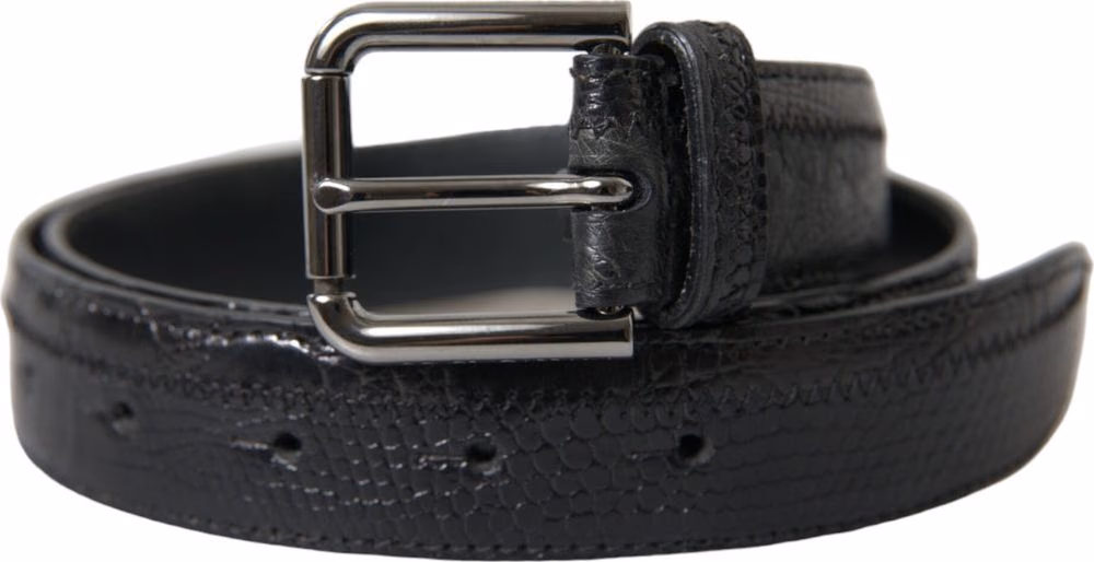 Black Exotic Leather Silver Metal Buckle Belt