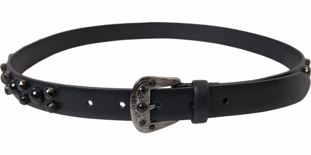 Black Embellished Leather Engraved Buckle Belt