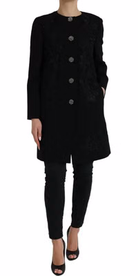 Black Floral Wool Button Embellished Jacket