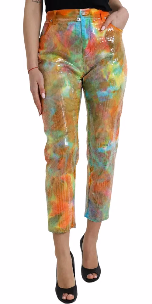 Multicolor Tie Dye Sequined High Waist Cropped Pants