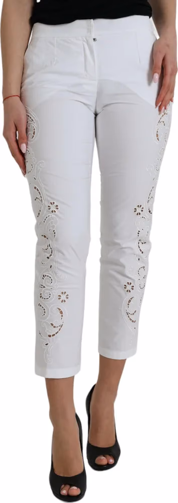 White Cut Out Cotton Mid Waist Cropped Pants