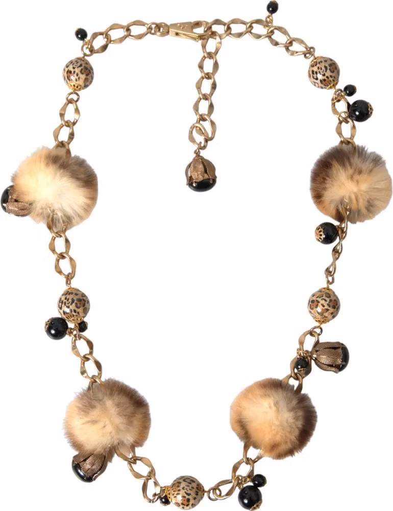 Gold Brass Leopard Fur Pearl Collier Chain Belt