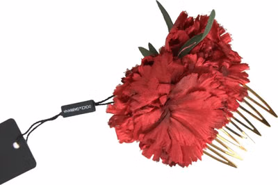 Red Silk Floral Gold Brass Women Hair Comb