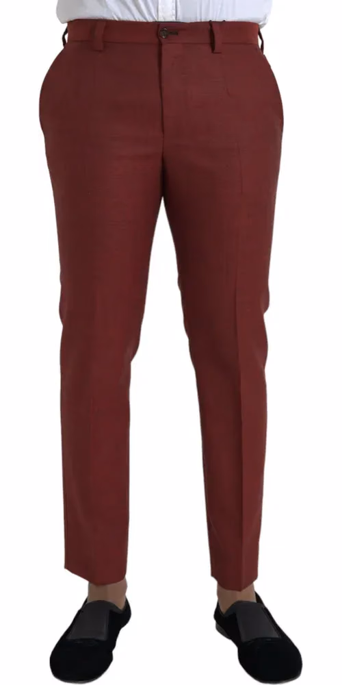 Maroon Wool Men Skinny Dress Pants