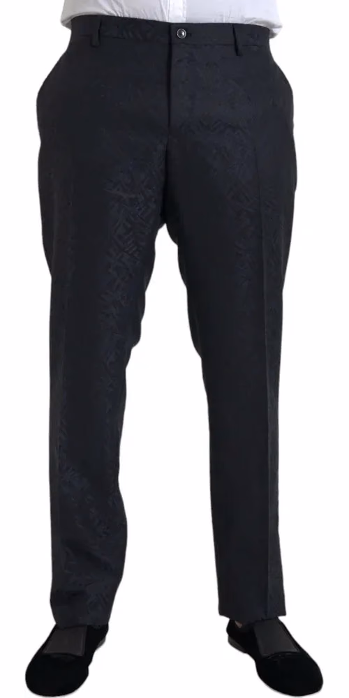 Blue Brocade Wool Skinny Men Dress Pants