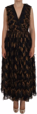 Black Silk Brown Fringes A-Line Dress