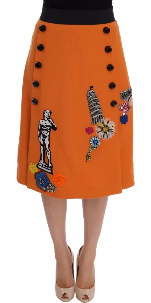 Orange Wool Crystal Sequin Appliques Skirt