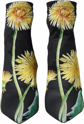 Black Floral Jersey Stretch Ankle Boots Shoes