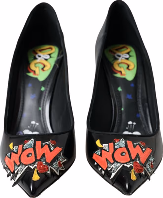 Black Leather WOW Patch Heels Pumps Shoes