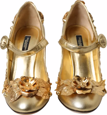 Gold Leather Crystal Mary Janes Pumps Shoes