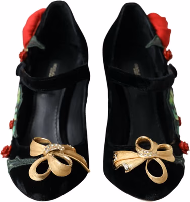 Black Roses Crystal Brooch Mary Jane Shoes
