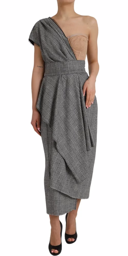 Gray Beige Layered One Shoulder Maxi Dress