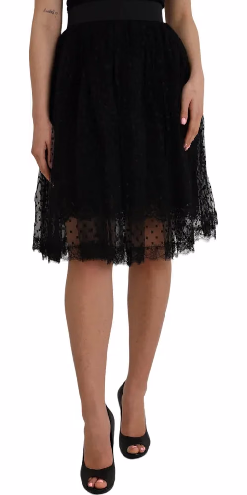Black Nylon Lace Trim High Waist A-line Skirt