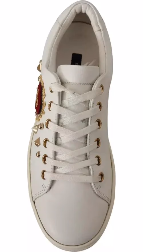 White Leather Gold Red Heart Sneakers Shoes
