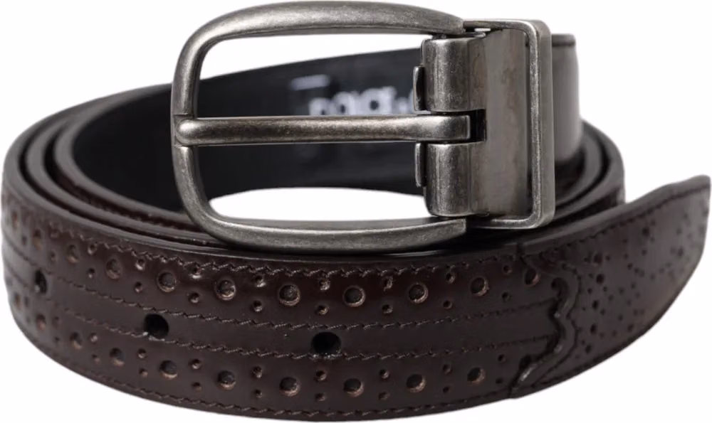 Dark Brown Perforated Leather Metal Buckle Belt Men