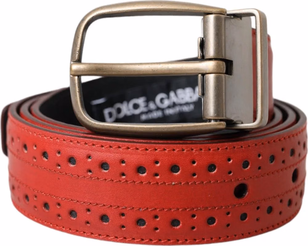 Red Perforated Leather Metal Buckle Belt Men