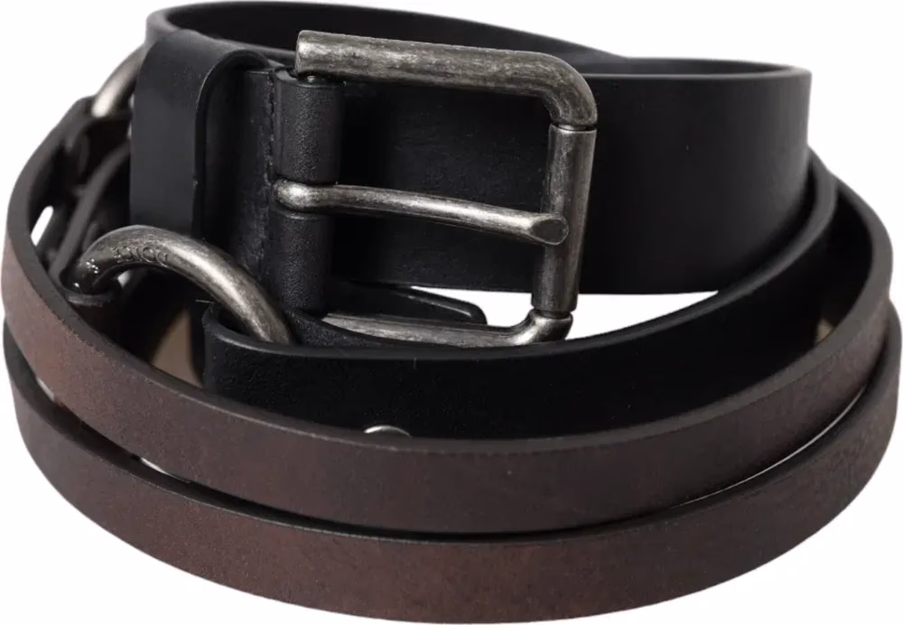 Black Brown Leather Silver Metal Buckle Belt