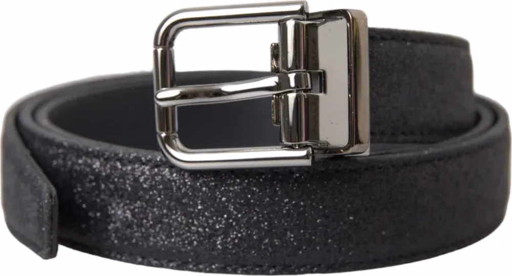 Black Glittered Leather Silver Buckle Belt