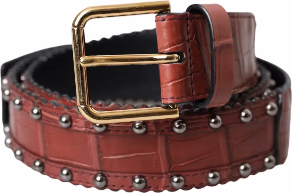 Brown Alligator Leather Studded Metal Buckle Belt