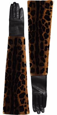 Brown Black Leopard Leather Elbow Length Gloves