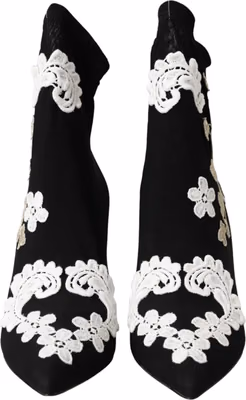 Black White Embroidery Slip On Boots Shoes
