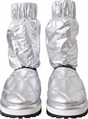 Metallic Silver Quilted Logo Patch Boot Shoes