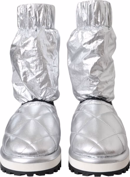 Metallic Silver Quilted Logo Patch Boot Shoes