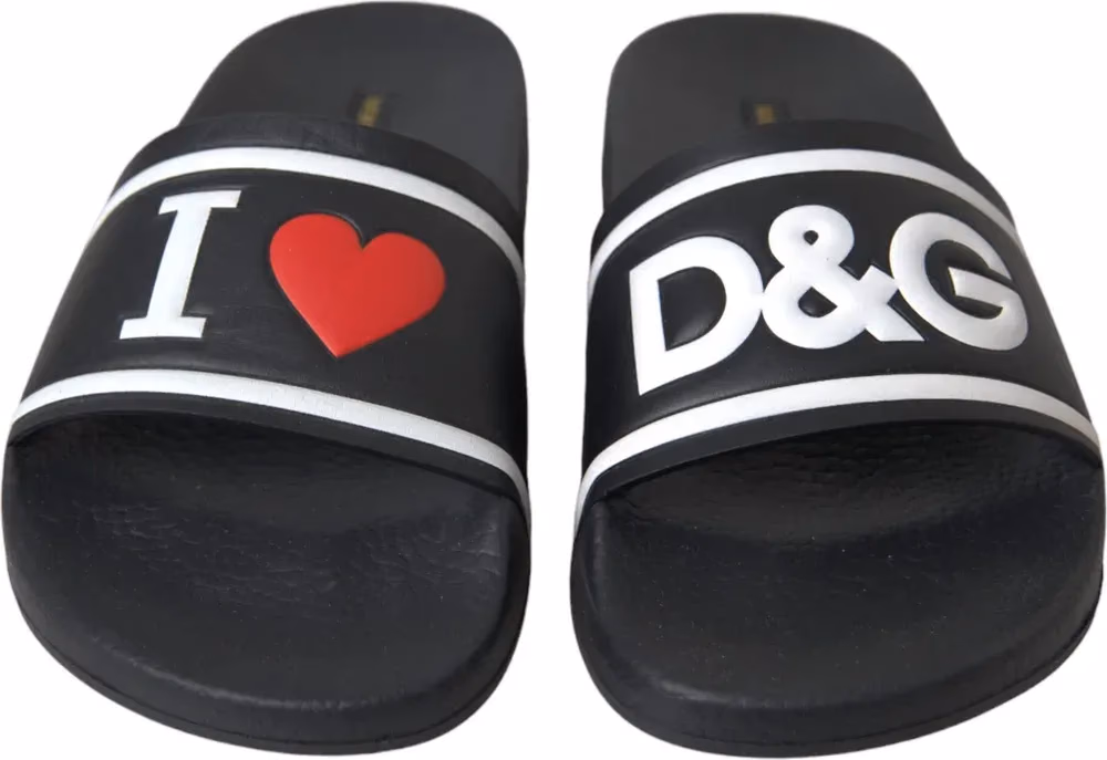 صندل منزلق أسود من الجلد بشعار I LOVE D&G