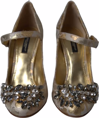 Gold Jacquard Crystal Mary Janes Pumps Shoes