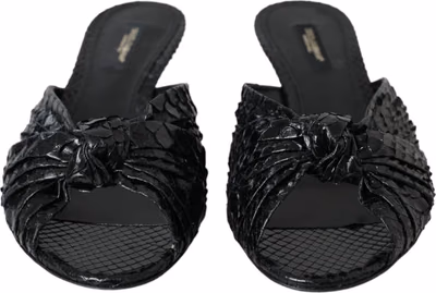 Black Exotic Leather Heels Slides Shoes