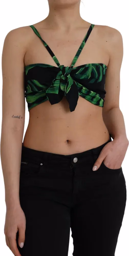 Black Green Leaf Silk Halter Cropped Top