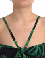 Black Green Leaf Silk Halter Cropped Top 4