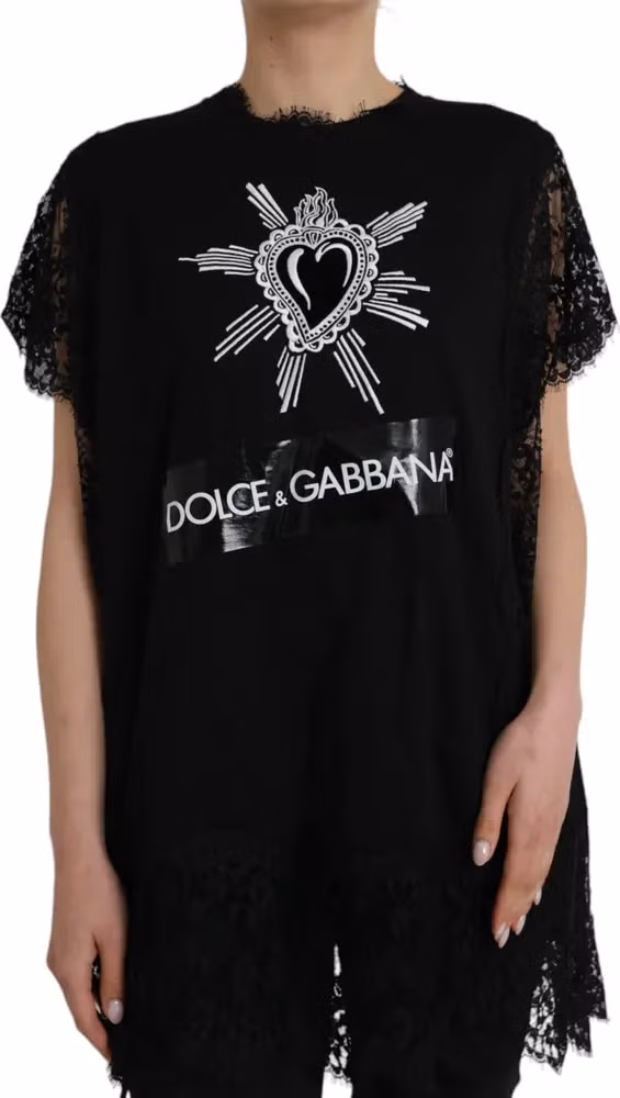 Black Sacred Heart Print Cotton Lace T-shirt