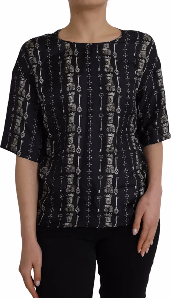 Black Key Castle Print Silk Blouse T-shirt