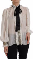 Off White Silk Blend Ascot Collar Blouse Top 1